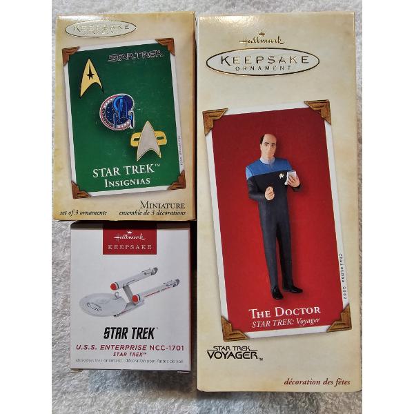 Star Trek - 5 Hallmark Keepsake Ornaments - USS Enterprise, 3 Insignias, and The Doctor with Boxes