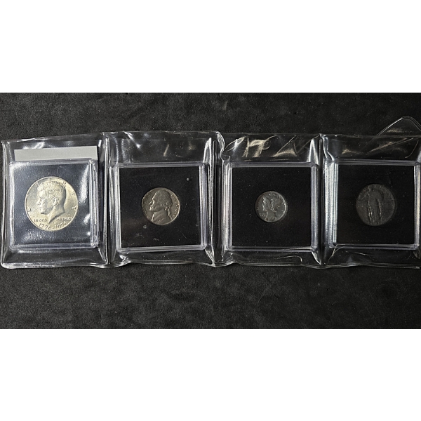 (4) Silver Coins - Kennedy Half (40%), War Nickel (35%),  Mercury Dime (90%), Standing Liberty (90%)