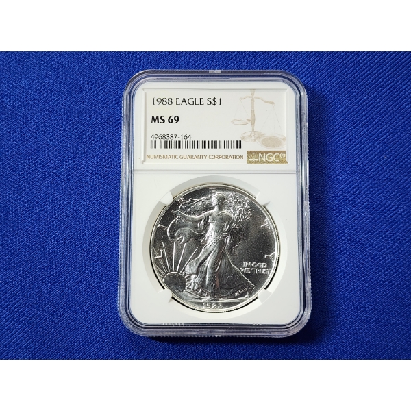 1988 $1 American Siver Eagle 1 oz Fine Silver Graded by NGC MS 69