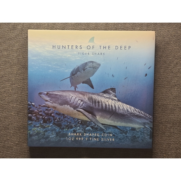 Hunters of the Deep Tiger Shark Shaped 1 Oz .9999 Silver Coin in Protector - 2020 Solomon Islands 