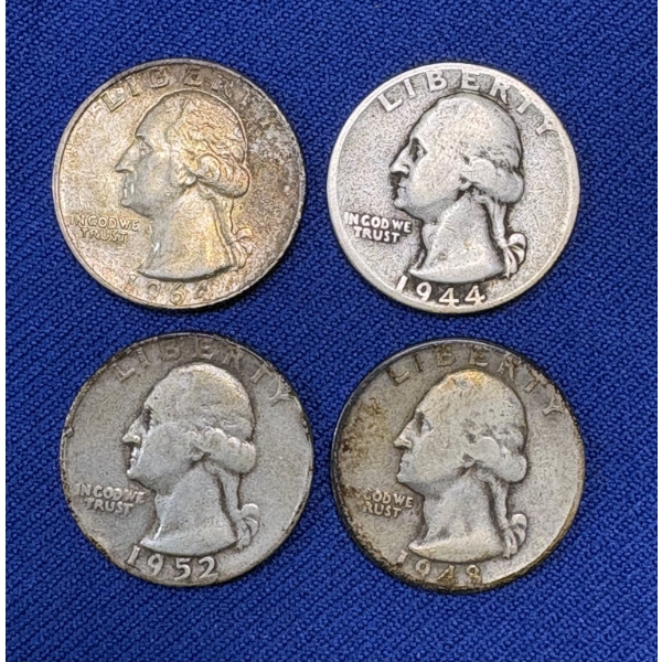 Lot of 4 Assorted Year 90% Silver Washington Quarters, FV $1.00