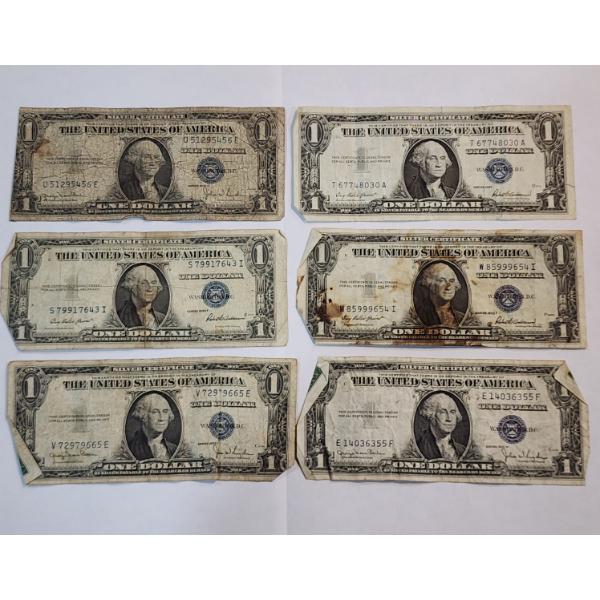 Six Assorted United States $1 Blue Seal Silver Certificates FV: $6.00