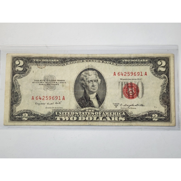 United States Series 1953-B Red Seal $2 Bill - In Holder