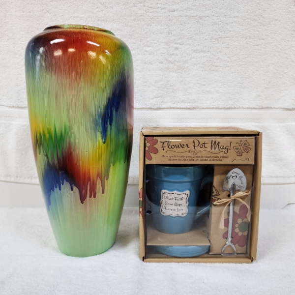 Very Nice Multi-Colored Decorative Porcelain Vase & NEW IN BOX Flower Pot Mug