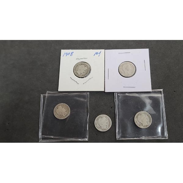 1908, 1908-D 1911-S, 1913, 1914-D 90% Silver Barber Dimes - Face Value: $0.50
