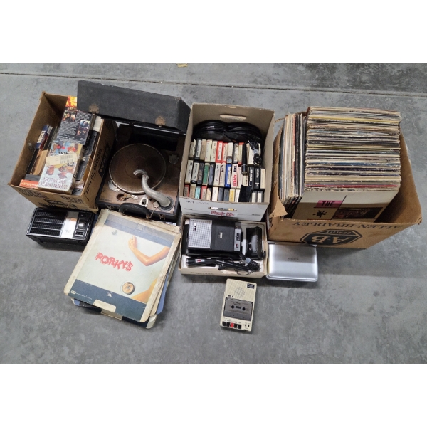 Vintage Media Collection Including Record Player, VHS Tapes, 8 Tracks, Vinal Albums, CED Movie Disks