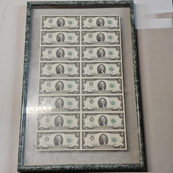 Framed Series 1976 Uncut Sheet Of 16 Two Dollar Star Notes (26x17") - AFV: $32.00