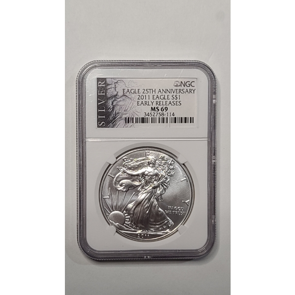 NGC 2011 MS 69 Early Releases 25TH Anniversary 1 Troy Ounce .999 Fine Silver American Eagle Dollar