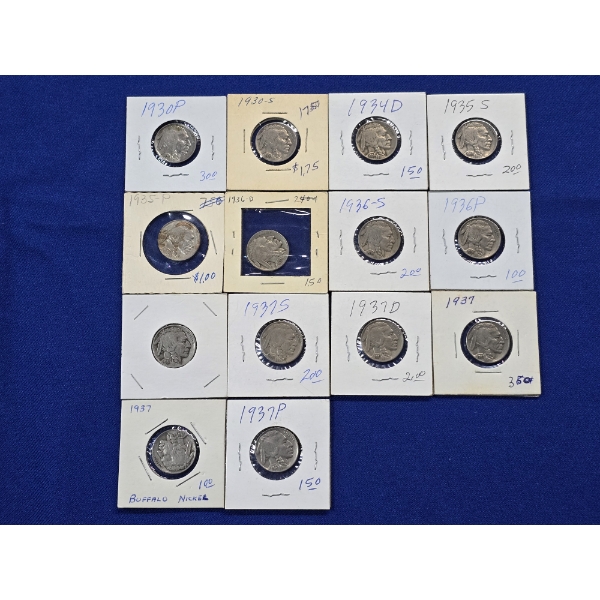 Lot of (14) Indian Head Buffalo Nickels - Dates Ranging 1930-1937