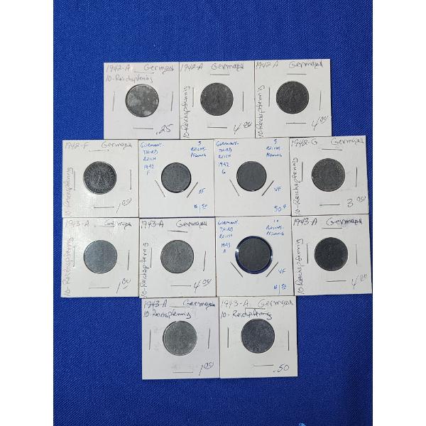 x13 Assorted Years & Mintmark Wartime Germany 10-Reichspfenning Coins Including XF & VF