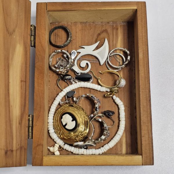 Vintage Wooden Box Filled With Ornate Cameo And Silver Tribal Jewelry Collection