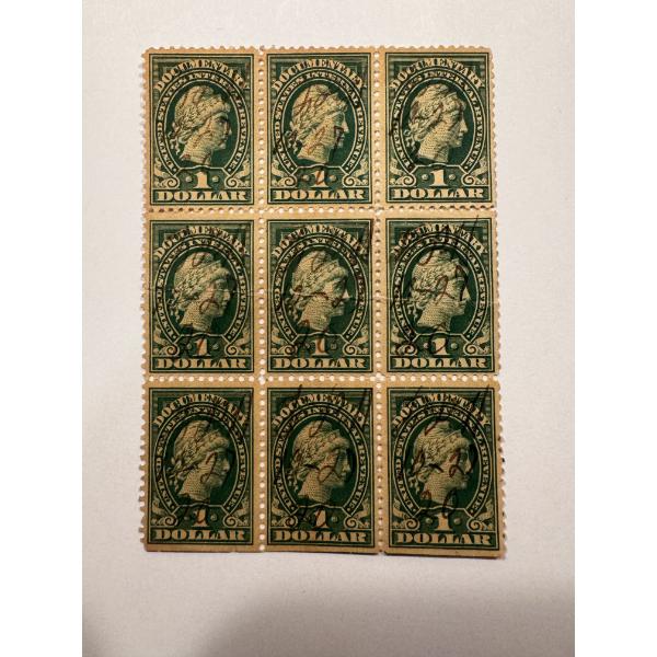Rare Early 1914 One Dollar U.S. Internal Revenue Stamps - Block Of 9 - Excellent Condition