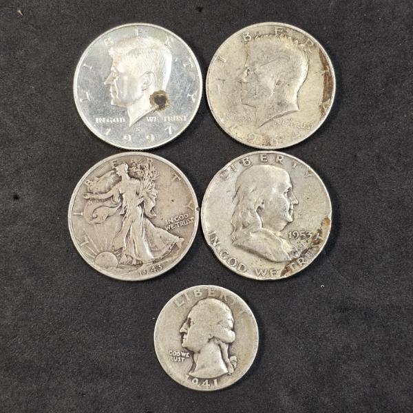 (5) 90% Silver Coins incl Silver 40% Kennedy Half, 90% Silver Walking Liberty Half and More