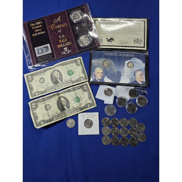 Lot of Coins & Bills; Nickels, Dime U.S. $2 Bills, Kennedy Half Dollars, Total FV: $6.25