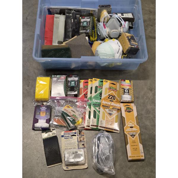 Plastic Storage Container With New Sanding Items, Masks & More