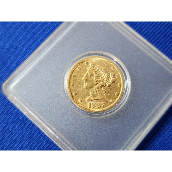 1887-S $5 Liberty Head GOLD HALF EAGLE Coin - 90% Gold- Excellent Condition in Holder 