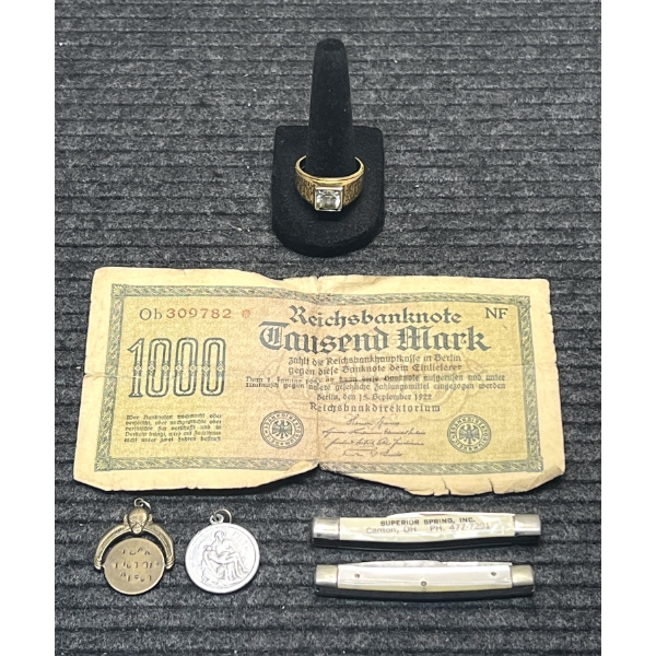 Lot of a 1000 German Mark, 2 Pocket Knives, 2 Medallions/Pendants, and a Costume Ring