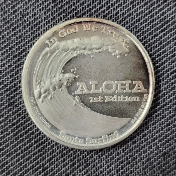 One Troy Ounce .999 Fine Silver Aloha 1ST Edition Santa Surfing, Go Sammy Uh Huh Beach Broadcast