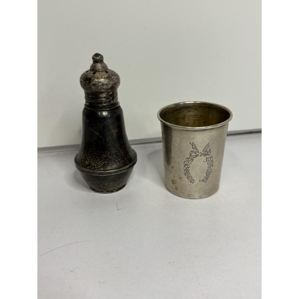 Vintage Sterling Silver Saltshaker & Small Sterling Beaker with Wreath - Beaker 2 inches - Saltshake