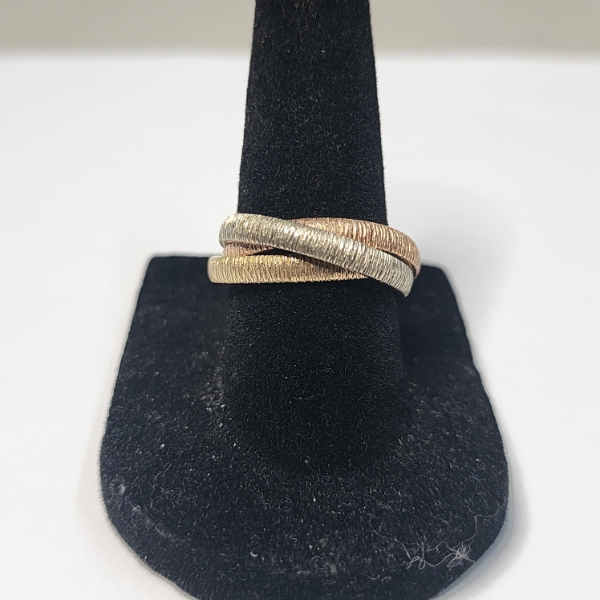Tri-Toned Ring, Three Interlocking Bands of 14K White, Yellow, & Rose Gold - Size 7 - TW: 7.8g