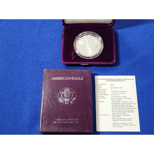 1992 Silver American Eagle - 1 oz .999 Fine Silver - with Display and CoA