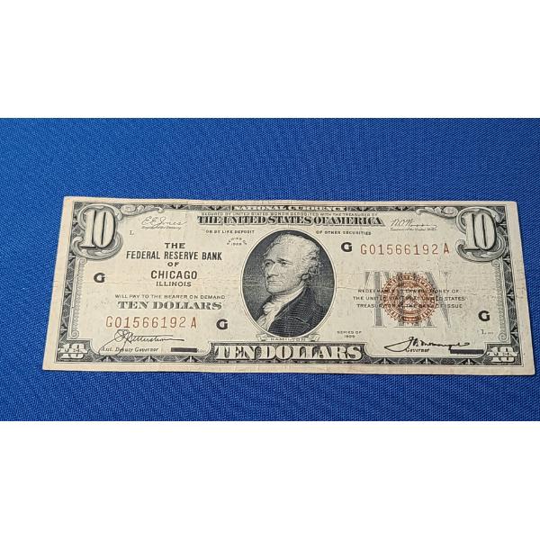 $10 Series 1929 Brown Seal Note From The Federal Reserve Bank Of Chicago Illinois
