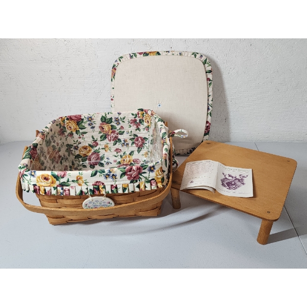 Longaberger Square Cake Basket with Floral Liner, Lid, Stand, Plastic Liner - Excellent Condition! 