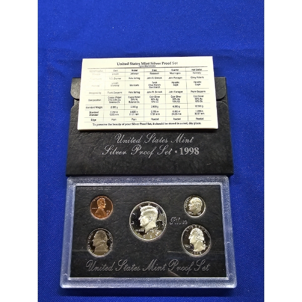 1998- S United States Mint Silver Proof Set - 5 Coin Set with Display Case
