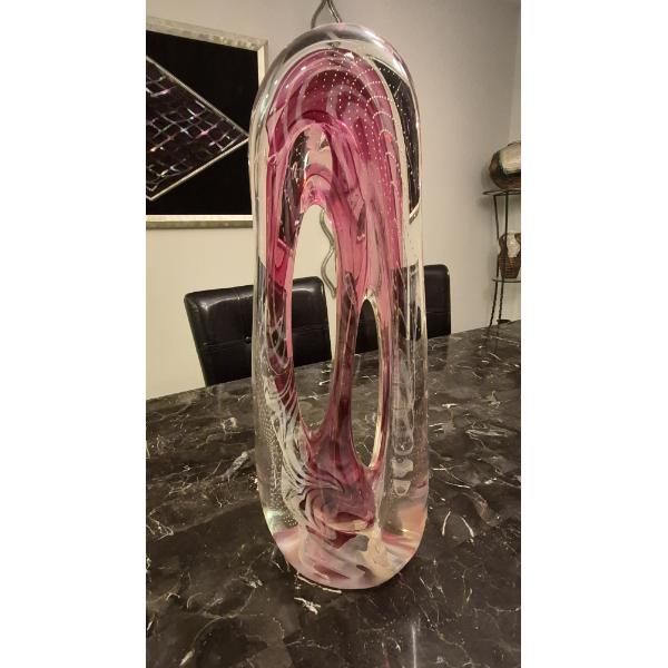 Freeform Clear & Pink Art Glass Sculpture - 23 x 10 Overall With 2 Oval Openings In Center