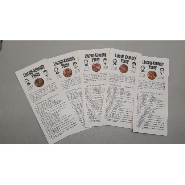 (5) Uncirculated 1974 Third Party Counterstamped Lincoln-Kennedy Novelty Pennies