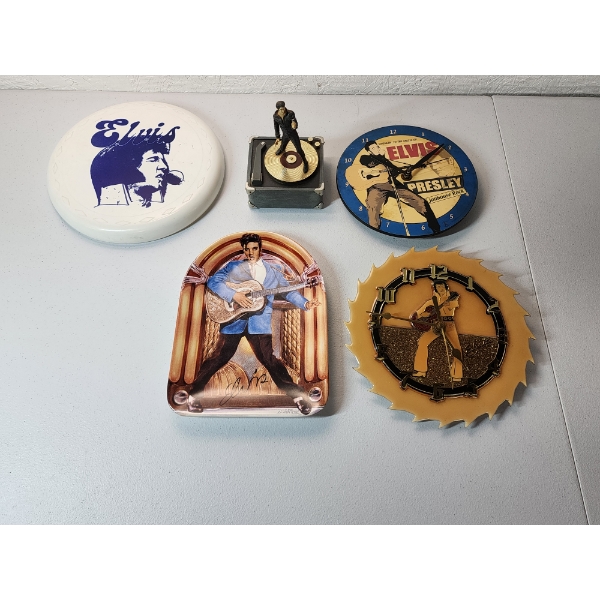 Lot of Elvis Presley Collectibles: Clocks, Frisbee, Dish, Figurine 