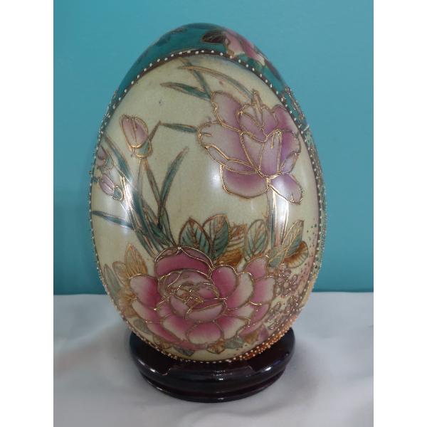 10" Japanese Satsuma Egg - With Wood Base - In Perfect Condition