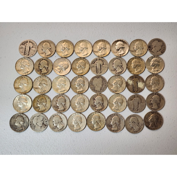 Assorted Years Silver Quarters Including Washington, Barber, and Standing Liberty Face Value $10.00