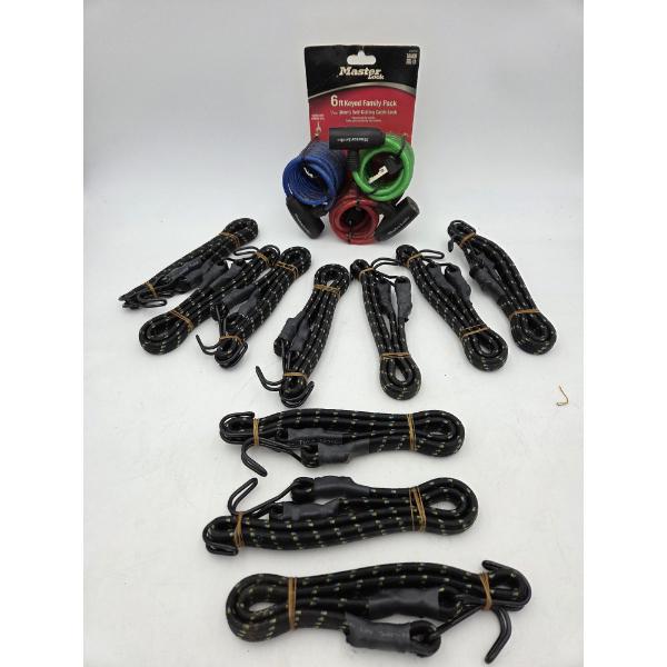 All New! 10 Bungee Straps, & 3 Pack Of Master Lock Key Cable Locks