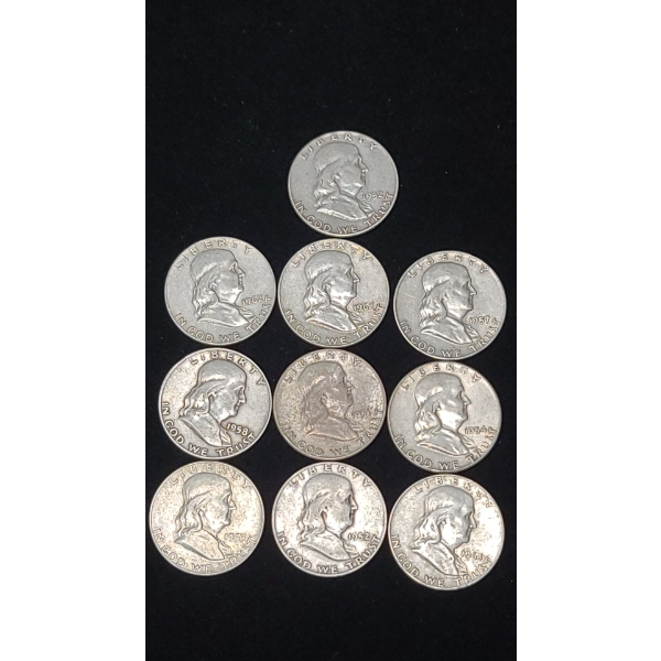 Assorted Years 90% Silver Franklin Half Dollars - Face Value: $5.00