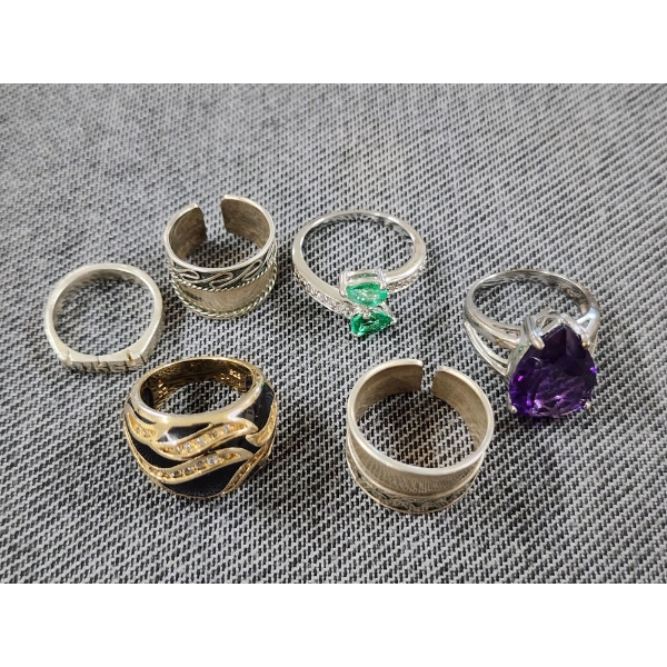Six Assorted Sterling Silver Rings Ft. Lovely Green Stones & Large Purple Stone ~Weighing 28.2 Grams