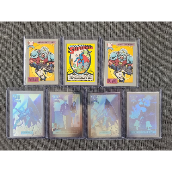 7 Assorted DC Impel Trading Cards Including Peacemaker & 4 Hologram Cards - All Near Mint