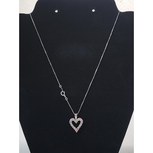 Beautiful 14K White Gold 19" Necklace with 14K Heart Pendant with Pink Gemstones - TW: 3.1g