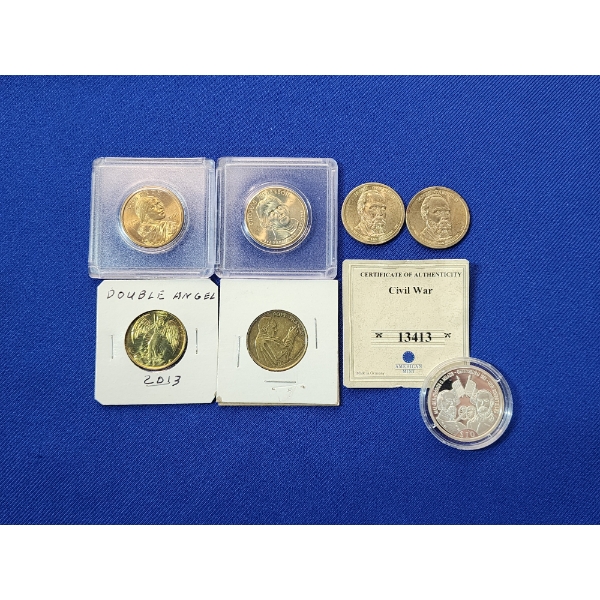 Assorted Coins Including .999 Silver Gettysburg $10 Liberia, Presidential, Sacagawea, & More!