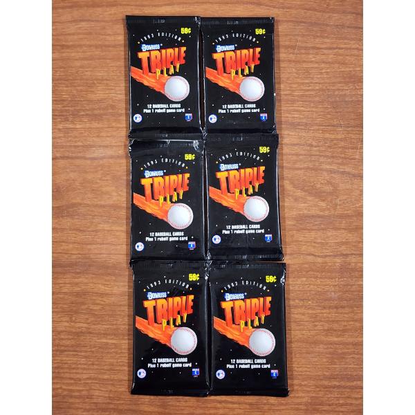 Six Sealed 1993 Donruss Triple Play Baseball Trading Cards - 12 Cards Per Pack