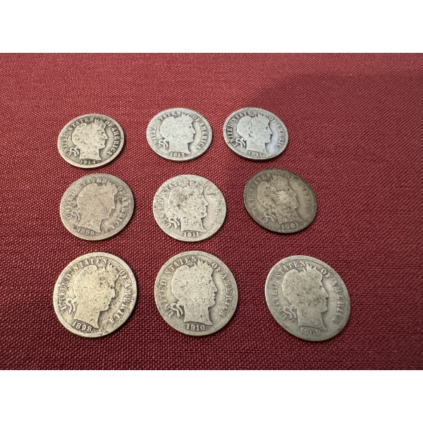 9 - United States Silver Barber Dimes - Rare Constitutional Silver - Authentic US Dimes
