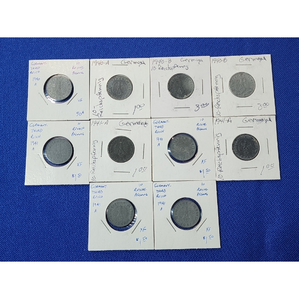 x10 Assorted Years & Mintmark Wartime Germany 10-Reichspfenning Coins Including XF & VF