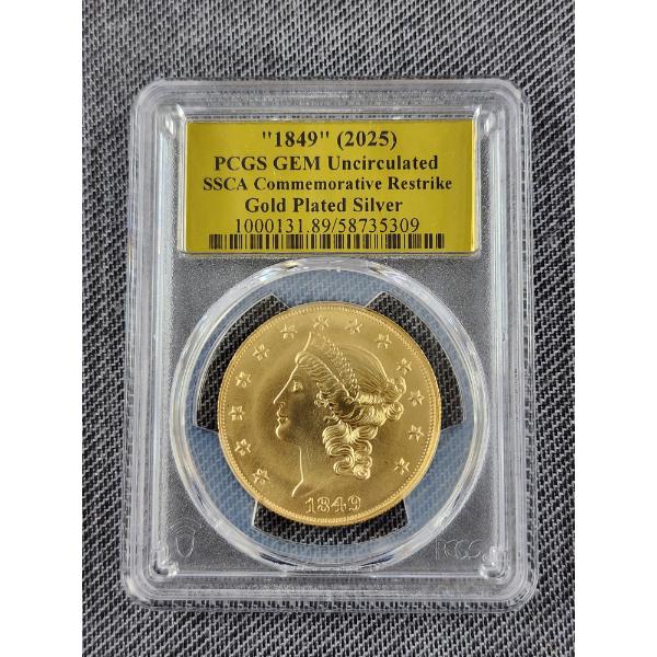 PCGS GEM Uncirculated SSCA Commemorative Restrike Gold Plated Silver 1/2 Oz Cali Gold Rush Round