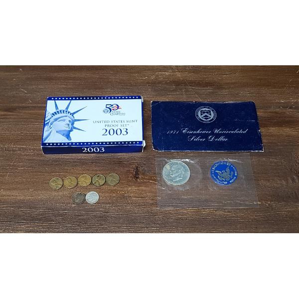 1971 Eisenhower Uncirc. Silver Dollar Set, 2003 U.S Mint Proof Set & Silver Dimes & Wheat Pennies