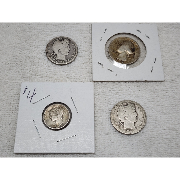 Four 90% Silver United States Coins Ft. Three Quarters (Two Barbers & One Washington) & One Mercury 