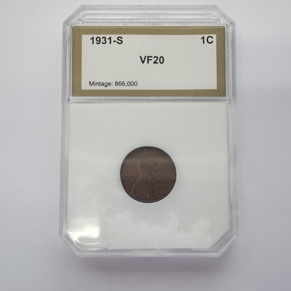 KEY DATE - MINTAGE 866,000! 1931-S Lincoln Cent - Graded by PCI VF20