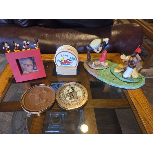 Disney Collectables. Featuring Golf Mickey, Chocolate Reel, Coasters, & Frame
