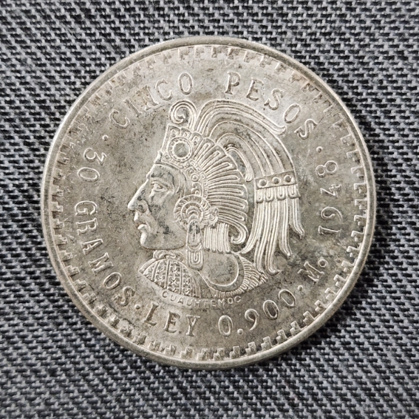 1948 Estados Unidos Mexicanos Cinco Pesos 90% Silver Coin ~ ASW: 0.8681 oz