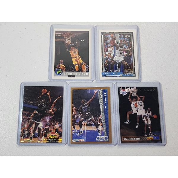 Five Assorted Shaquille O'Neal 1992-1993 Basketball Rookie Cards in Protective Holders