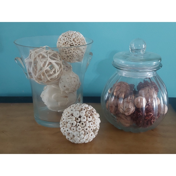 Grouping - Home Decor Items Including Glass, Vase, covered Jar & Contents